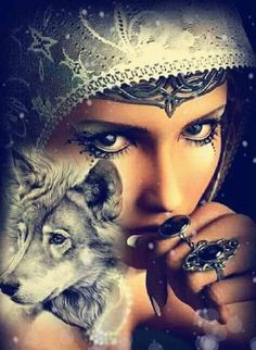 a woman with a wolf on her shoulder and the words,'bujenas noches