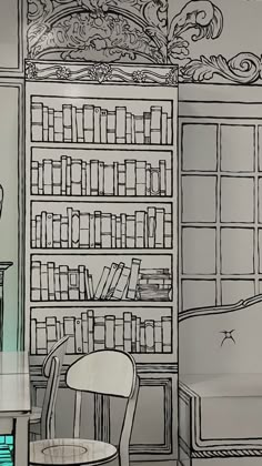 a drawing of a room with bookshelves, chairs and a table in it