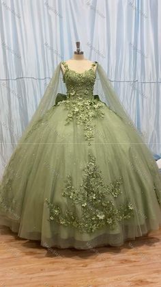 Princess Tiana Green Dress, Princess And The Frog Dress Style, Quince Sage Green Dress, Sage Green 15 Dress, Wedding Dresses Sage Green, Sage Green Dress Quinceanera, Sage Green Debut Theme, Princess Tiana Inspired Dress, Light Green 15 Dresses Quinceanera