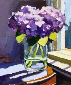 a painting of purple flowers in a glass vase on a table next to a window