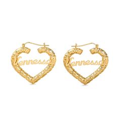 Charm her with a uniquely Personalized look! Fashioned in warm 10K gold, these heart-shaped hoop earrings features a delightful bamboo embossed design. Her name, up to 10 characters in length, will be spelled out in a stylish font across the hoop. Buffed to a brilliant luster, these hoop earrings secure comfortably with hinged backs. Name Hoop Earrings, Stylish Fonts, Embossed Design, 10k Gold, Personalized Jewelry, Types Of Metal, Heart Ring, Gold Metal, Hoop Earrings