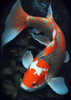 two orange and white koi fish swimming in the water with algaes around them