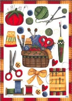 a painting of various items that include yarn, scissors and other things to sew