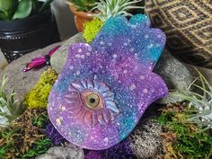 a purple and blue flower sitting on top of a rock next to succulents