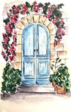 a watercolor painting of a blue door and potted plants in front of it