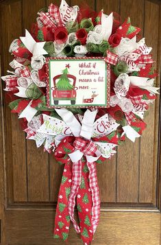 a christmas wreath with red and white ribbons hanging from the front door, decorated with an ornament that says what it's christmas is