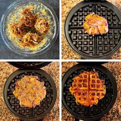 four different views of waffles being cooked in a griddle