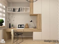 a room with a desk, chair and bookshelf next to a window on the wall