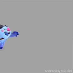 an animated blue dog standing in front of a gray background