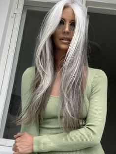 Gray Long Hair, Chrome Hair, Grey Hair And Glasses, Grey Hair Journey, Silver Hair Highlights, Long Hair Highlights