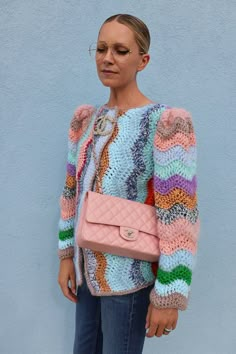 colorful sweater, crochet, chevron, colorful crochet, open knit Colorful Knit Sweater, Pink Chanel Bag, Blair Fashion, Colorful Knit, Knitting Fashion, Chanel Brooch, Future Style