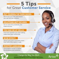 a woman wearing a headset with her arms crossed and the words 5 tips for great customer service