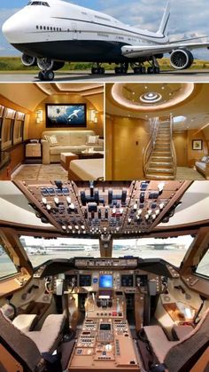 the inside of an airplane with stairs, cockpits and other things on display in it