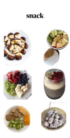 several different types of food are shown on this page with the words snack written below