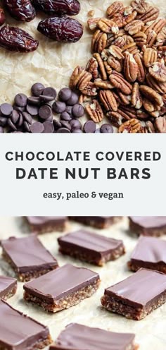 chocolate covered date nut bars with text overlay