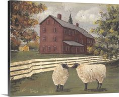 two sheep standing next to each other in front of a red barn and white fence