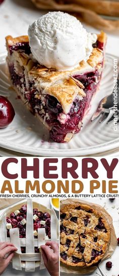 cherry pie with whipped cream on top and the words cherry crumbler almond pie above it