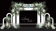 an arch decorated with flowers and greenery on a black background for a wedding ceremony