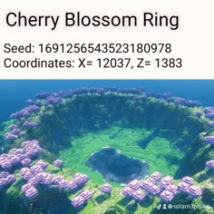 an aerial view of a circular island with purple flowers in the middle and text reading cherry blossom ring