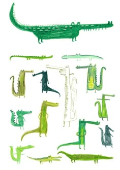 crocodiles and alligators are drawn in green ink on white paper with black marker