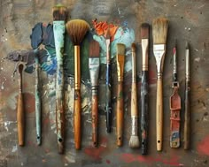 an assortment of paint brushes lined up on a table