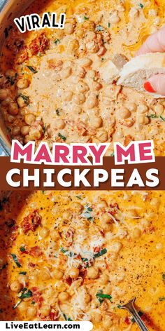 Image of marry me chickpeas being cooked in a pan on a stovetop. Text reads 'viral recipe'