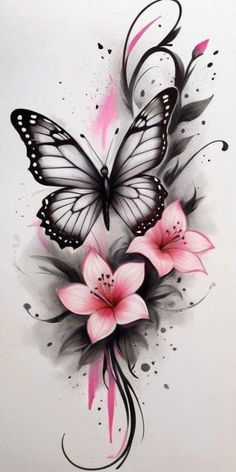 a butterfly with pink flowers on it's wings and some watercolors in the background