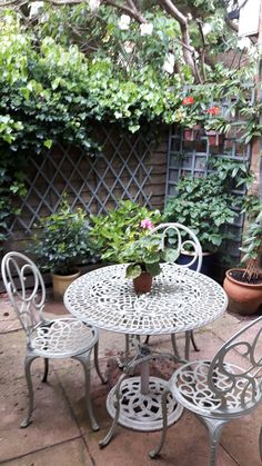 an outdoor table and chairs with potted plants