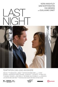 the movie poster for last night with two people looking at each other and one man in suit