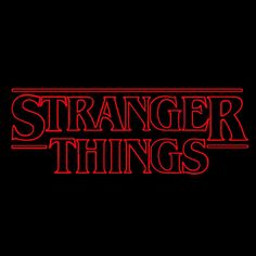 the title for the tv series, strange things is shown in red neon letters on a black background