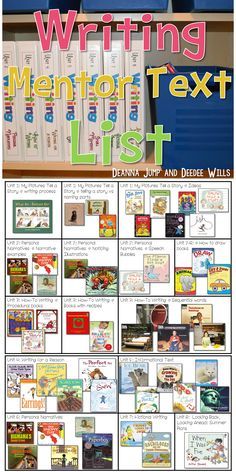 the writing mentor text list is shown with pictures and words to help students learn how to write