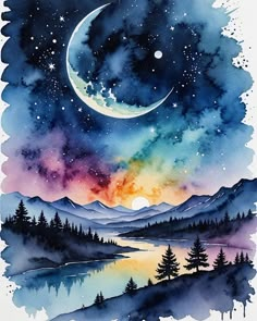 watercolor painting with the moon and stars in the sky above trees on a lake