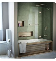 a bathroom with a bathtub, toilet and shower head in the middle of it