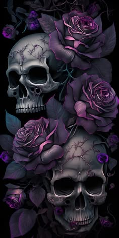 two skulls and three roses are shown in this graphic art work, with purple flowers on the