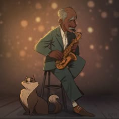 an old man playing the saxophone next to a cat