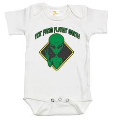 Rapunzie's adorable and out-of-this-world baby onesie featuring a captivating green alien graphic and the playful caption, "Not From Planet Earth." Crafted with utmost care, this onesie is made from 100% cotton to ensure the softest touch against your little one's delicate skin. Designed for comfort and style, this onesie comes with short sleeves, making it perfect for warmer days or as a layering piece during cooler weather. The vibrant green alien graphic adds a touch of whimsy and sparks the Green Fitted Casual Onesie, Funny Graphic Print Onesie, Fitted Green Playful Onesie, Playful Green Fitted Onesie, Green Fitted Playful Onesie, Fitted Short Sleeve Fun Bodysuit, Fun Fitted Short Sleeve Bodysuit, Funny Graphic Print Short Sleeve Bodysuit, Funny Fitted Onesie With Graphic Print