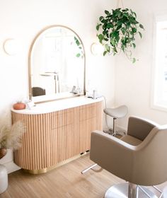 a chair sitting in front of a mirror next to a plant on a wall above a sink