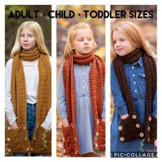 three different styles of crocheted scarves with the words adult child toddler sizes