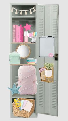 an open locker filled with books and other items next to a potted pineapple