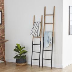 a ladder leaning against a wall next to a potted plant