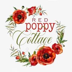 the poppy cottage logo is surrounded by red flowers