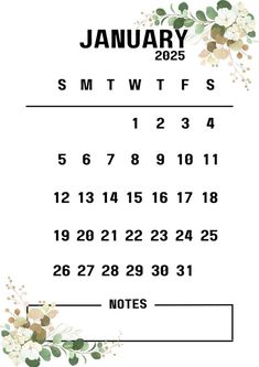 a calendar with flowers on it and the date for january in white, green and black