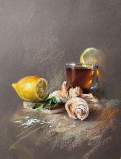 a pastel drawing of a cup of tea and lemon