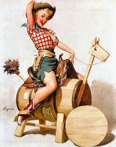 a painting of a pin up girl riding a horse on top of a wooden barrel