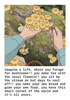 an anime scene with two hands reaching for mushrooms