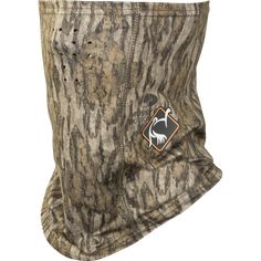 the neck gaiter is made out of realtree and has an orange patch on it