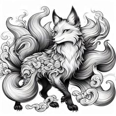 an ink drawing of a fox with long hair and swirls on it's tail