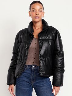 standing collar long sleeves snap front welt pockets hanging loop relaxed fit hits below waist models are approx.  5'9" and wear sizes s (4), l (12), and xl (18)machine wash according to the care instruction label  . Best Holiday gift for Women , perfect Jackets for Christmas! Women’s Jackets, Black Leather Puffer Jacket, Christmas Nyc, Leather Puffer Jacket, 2024 Wishlist, Edgy Chic, Black Puffer Jacket, Standing Collar, Early Fall Outfit