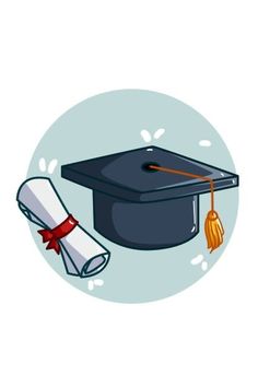 a graduation cap and diploma with a tassel on it's end, sitting in front of a blue circle