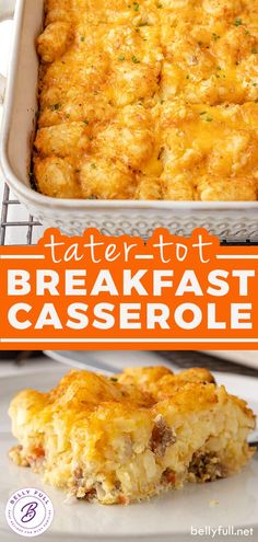 tater tot breakfast casserole on a white plate with an orange border